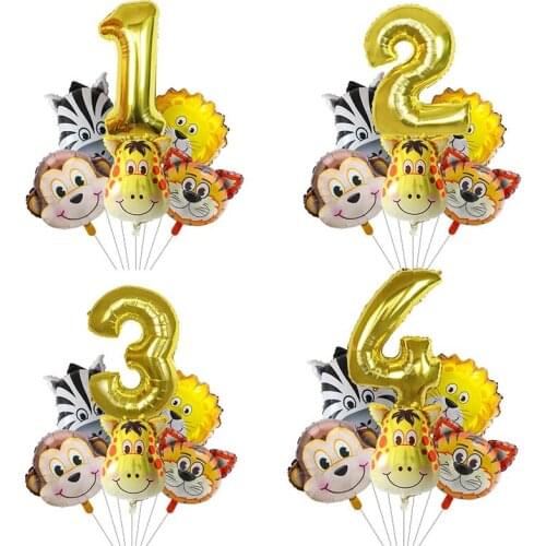 6pcs Two Wild Balloons Set Tiger Lion Zebra Monkey Graffe Balloons For 1st Birthday Party Supplies Cute Baby Shower Decorations