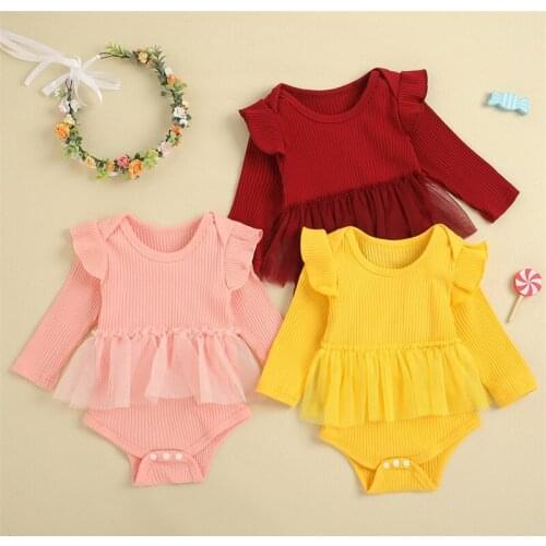 Princess Cute Baby Girls Casual Romper Solid Color Ribbed Mesh Cotton Patchwork Fly Sleeves Jumpsuit For Toddler Little Girls