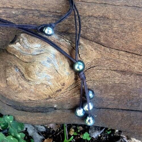 Tahitian pearls on leather long womens necklace pearls and leather knotted necklace