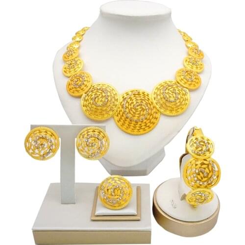 Jewellery Set Dubai 24K Gold Color Jewelry Sets For Women Round Necklace Earrings Bracelet Ring African Wedding Gifts Set