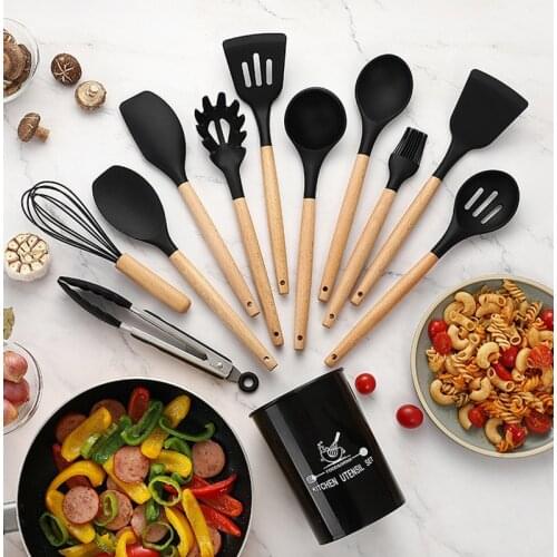COOKING TOOLS WOOD HANDEL Silicone Kitchenware Utensils Resistant Non-Stick Cooking Utensils Kitchen Accessories