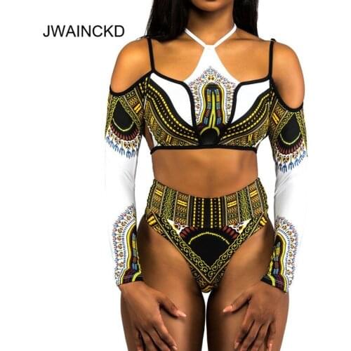 JWAINCKD Two Piece Swimsuit Female Bikini Push Up Swimwear Women Vintage Long Sleeves Digital Pringting Bathing Suit High Waist