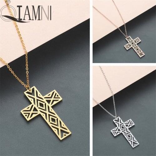 QIAMNI Trendy Geometric Openwork Cross Pendant Necklace Stainless Steel Jewelry Party Gift Minimalist Charm for Women Men
