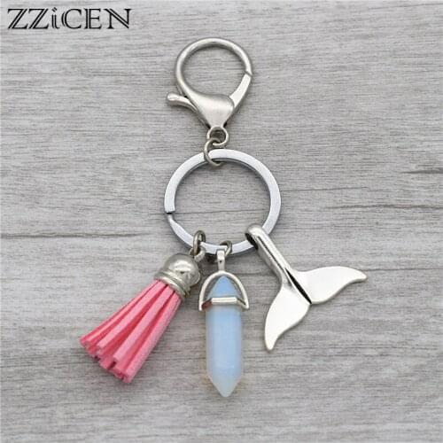 Fashion Unique Natural Opal Stone Big Sea Animal Jewelry Whale Tail Charm Pendant Pink Blue Tassel Keychain Car Key Rings Holder