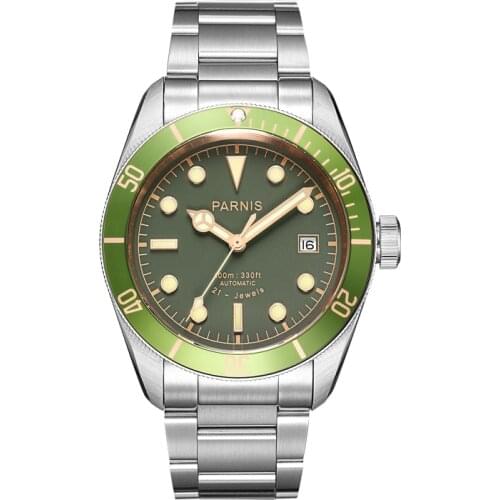 Parnis 41mm Green Bezel Automatic Stainless Steel Bracelet Luminous 21 Jewel Mens Sapphire Glass Mechanical Watches 2021 Brand