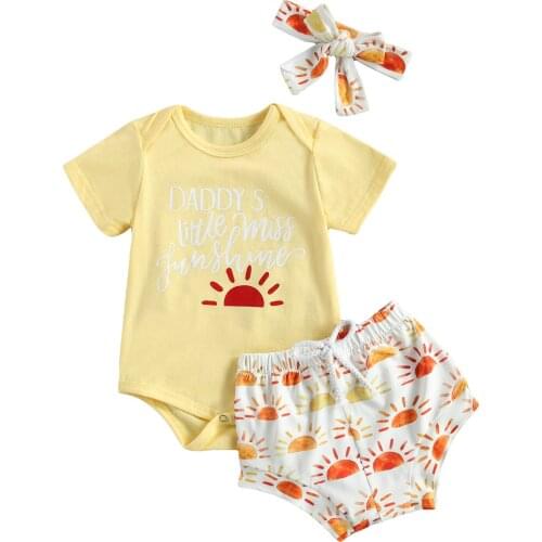 0-18M Summer Baby Girl Boy Clothing DADDY SUNSHINE Letter Print Short Sleeve Romper+Sun High Waist Shorts+Headband 3pcs Set 2021