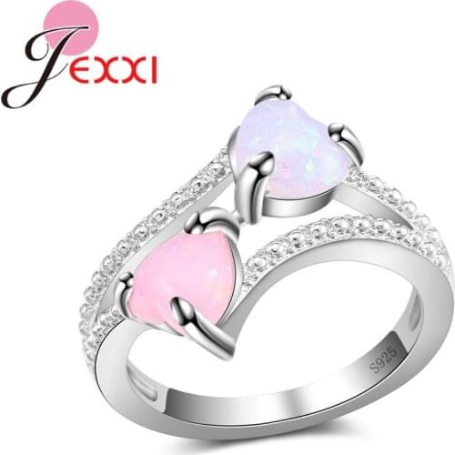 Luxury Romantic Double Heart Shiny Opal Rings for Women Finger Ring Fashion Korean Wedding Jewelry For Women As Love Gift