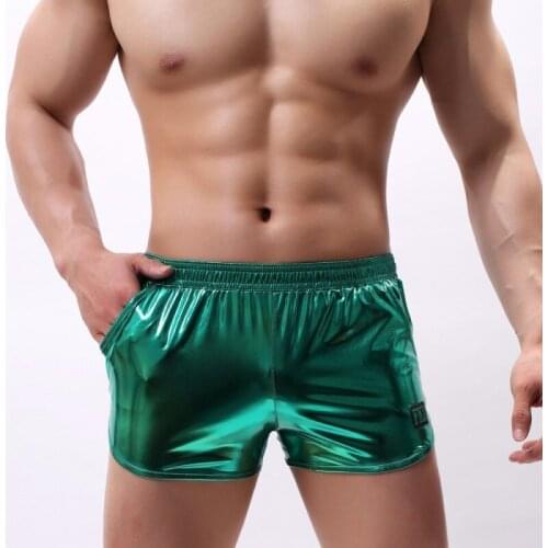 Sexy Underwear Men Boxers Shorts Patent Leather Arrow Pants Man Solid Pocket Low Waist U Convex Pouch Underpants Cueca S-XL