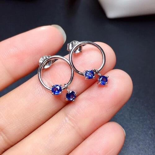 Sapphire stud earring Free shipping Jewelry Natural real sapphire 925 silver