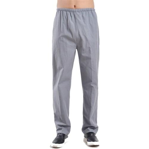 100% Cotton Chinese Traditional Mens Kung Fu Pants Wu Shu Tai Chi Elastic Waist Loose Tang Suit Long gray new soft Trousers