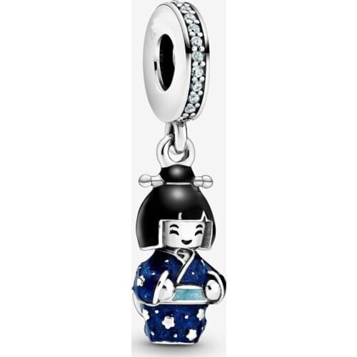 Japanese Doll in Blue Kimono Dangle Charms for Jewelry Making Fits Pandora Bracelet 925 Sterling Silver Beads Women Jewellery