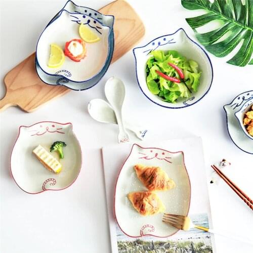 Japanese Cartoon Cute Cat Ceramic Soup Bowl Hand-painted Porcelain Rice Noodle Bowl Dinner Dessert Steak Salad Plate Tableware