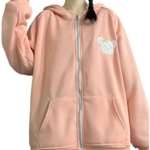 Women Girl Japanese Style Hooded Jacket Cute Plush Rabbit Ears Oversized Loose Sweatshirt Coat Bear Embroidery Zip Up Kawaii