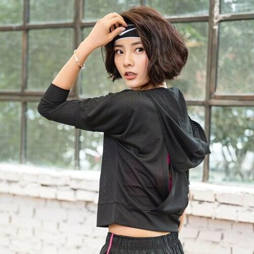 Women Breathable Hooded Running Yoga Shirts Quick Dry Fitness Yoga Sport Tops Jerseys Open Back Gym Workout Long Sleeve T Shirt