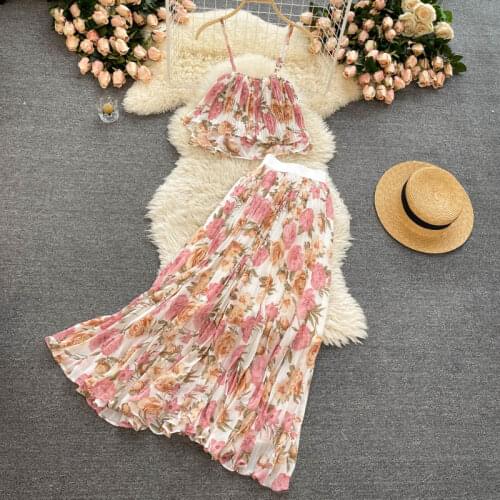 Women Bohemian Two Piece Sets Summer Chiffon Pleated Outfits Woman Sweet Floral Printed Crop Top and Skirts Ruffles Beach Suits