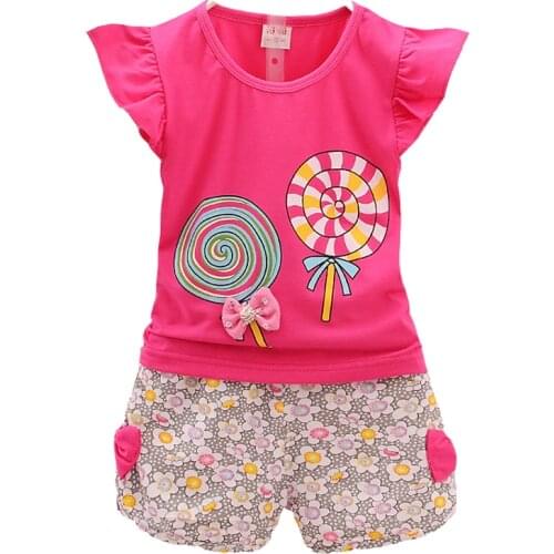 CZND-01 New Children Summer Clothes Sets Lollipop Patterns Girls Short Sleeve T-Shirt + Pants 2pcs/Set Kids Sport Suit