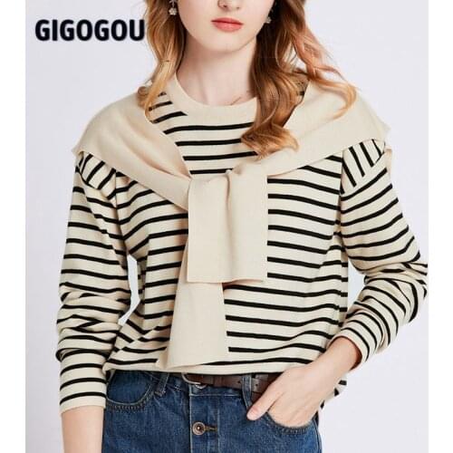 GIGOGOU Sailor Collar Women Sweater CHIC Striped Knitted Pullovers With Cape Preppy Style Casual Loose School Girls Jumper Pull