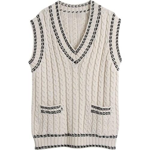 Women 2021 Fashion With Stitching Knit vest Sweater Vintage v-neck Sleeveless Loose pockets Knitted Female Pullovers Chic Tops
