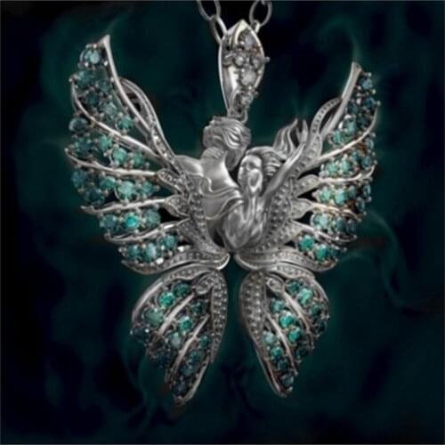 Bohemian Butterfly Statement Necklace Women Angel Wings Blue Rhinestone Pendants Fashion Sweater Chain Necklaces Jewelry