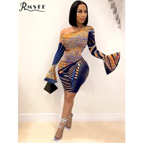 RMSFE 2021 European And American Womens Autumn And Winter Diagonal Shoulder Trumpet Long Sleeve Printed Dress