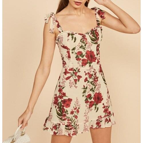 Womens Floral Sling Dress Ruffled Backless Lace-up High Waist Beach Style Mini Robes 2021 Summer New