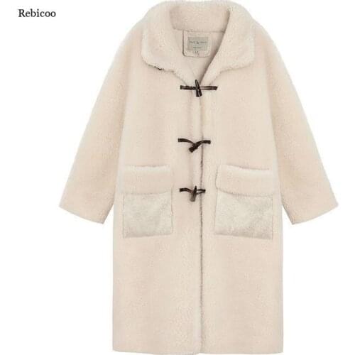 Womens Faux Fur Winter Horn Buckle Fashion Fur Coat New Plus Size Solid Color Thickening Womens Fur Coat