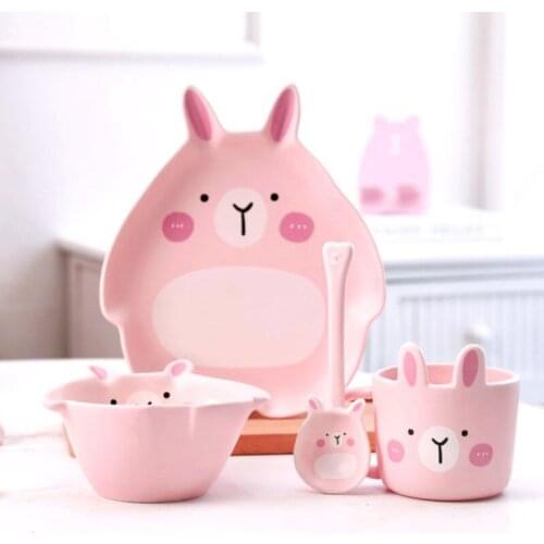 4Pcs/Lot Ceramic Cartoon Baby Dinner Plate Household Breakfast Plate Rice Bowl Spoon Creative Cute Childrens Tableware Set