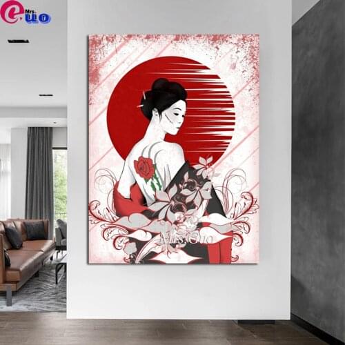 DIY Diamond Embroidery abstract woman Back view 5d Full diamond painting Cross Stitch Mosaic red sun landscape Japanese painting