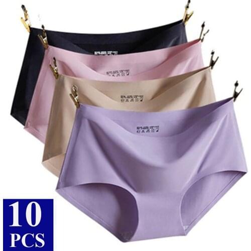 10 Pcs/lot Seamless Women Panties Summer Solid Silk Panties Skin-friendly Female Underwear Lady Briefs Woman Knickers Underpant