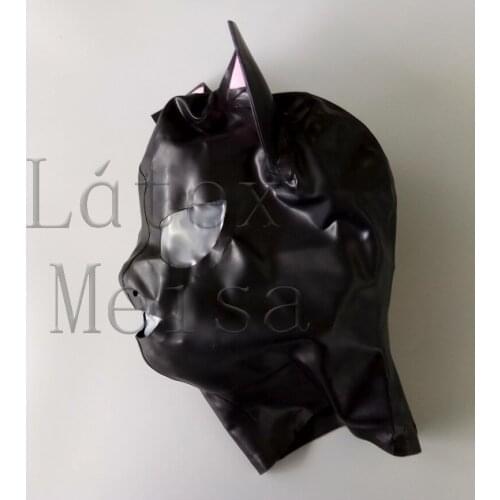 Exotic animal cat latex hoods decorative with pink ears and open eyes nostrils mouth in black color with back zip