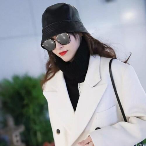 Elegant Fashion Women Caps Genuine Leather Hat Sheepskin Leather Bucket Hats Novelty Womens Trendy Brands Real Leather Cap
