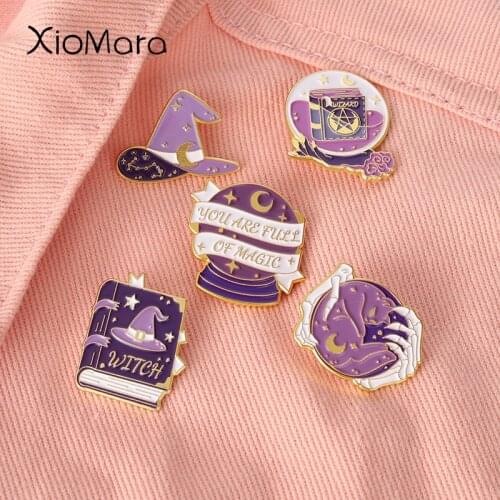 Purple Witch Lapel Pins Wizard Magic Book Crystal Ball with Witch Hand Brooches Badges for Bag Hat Goth Witchy Jewelry