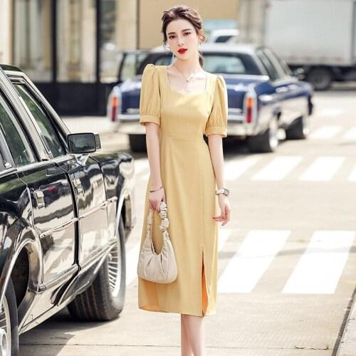 French Puff sleeve Dress Sexy Women long Dress Square collar Beaded Temperament Short Sleeve yellow Maxi Dress