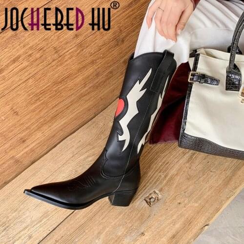 【JOCHEBED HU】Retro Western Cowboy Boots for Pointed Toe Womens Shoes Brand Cowhide Color matching Leather Shoes Midcalf Chunky