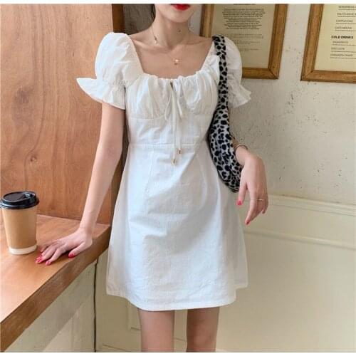 Summer Square Neck Dresses French Retro Mini Sexy White Women Dress Elegant Puff Sleeve Casual Party Beach Light Dresses Robe
