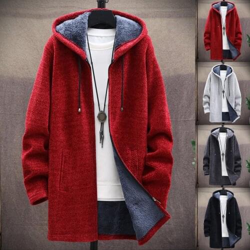 Men Autumn Winter Long Sleeve Plush Liner Sweater Zipper Knitted Coat Cardigan