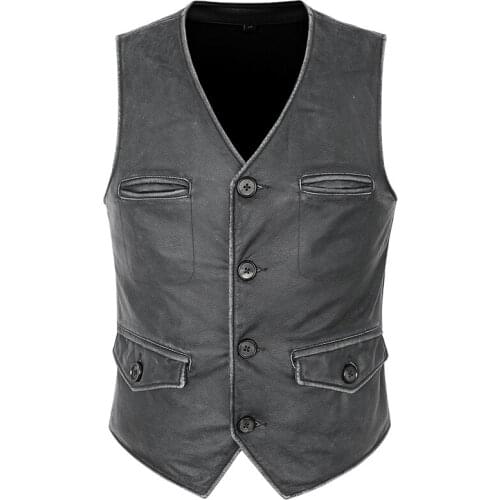 Mens Genuine First Layer Cowhide Vintage Distressed Leather Vest Fashion Slim-fit Motorcycle Suit Cowhide Leather Vest L XL