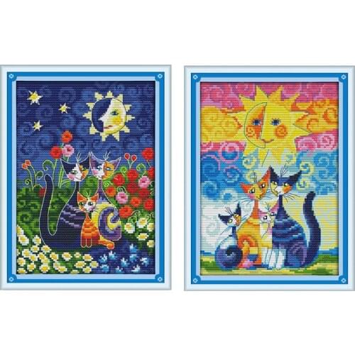 Joy Sunday Cartoon Cats Cross Stitch Kit Chinese Manual Sewing Embroidered Painting on Canvas Home Decoration Embroidery Printed