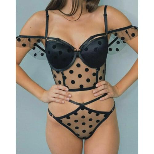 New Top Sexy Womens Spaghetti Strap Polka Dot Exotic Sets Summer Night See-through Lace Bandage Underwear Nightgown