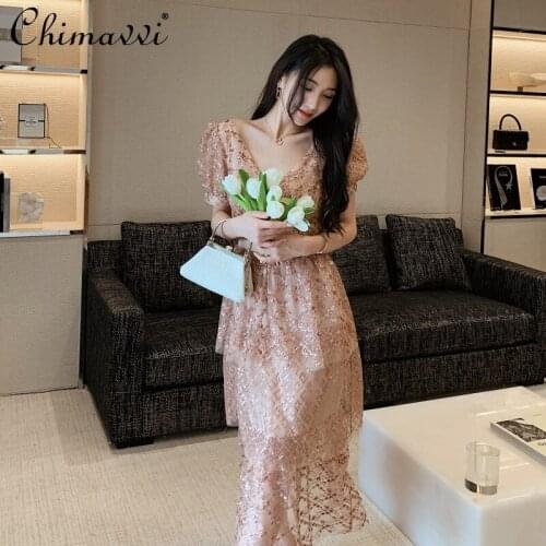 French Style Retro V-neck Slim Dress 2021 Summer High-End Fashion Puff Sleeve Tiered-Ruffle Long Dress Elegant Dress 2 Colors