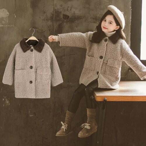 Autumn And Winter Girl Woolen Coat Childrens Clothing Fashion Mid-Length Casual Lapel Plus Velvet Thick Coat Baby Girl Jacket