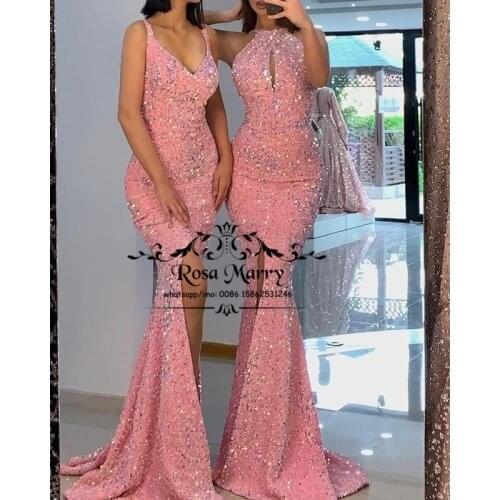 Sexy Pink Sequined Mermaid African Bridesmaids Dresses 2021 Mix Style Plus Size Maid of Honor High Split Wedding Guest Prom Gown