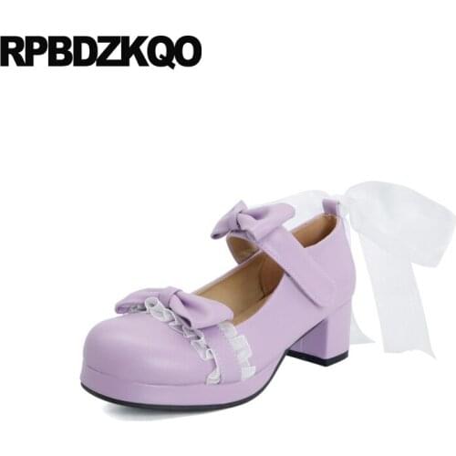 Lavender 13 45 Mary Jane Lace Pumps Bridesmaid Round Toe Kawaii 12 44 High Heels School Chunky Sweet Lolita Shoes Ladies Bow