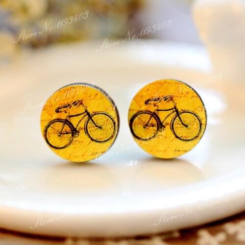 Unique 3D Bicycle Embossed 16mm Round Coloured Drawing pattern Laser Cut wood Cabochon DIY for Rings, Earring,Brooch,Necklace