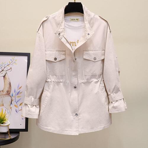 Windbreaker Jacket Womens Mid-length 2021 Spring New Casual Loose Wild Fashion Stand-up Collar Mid-Length Outerwear Pink 16