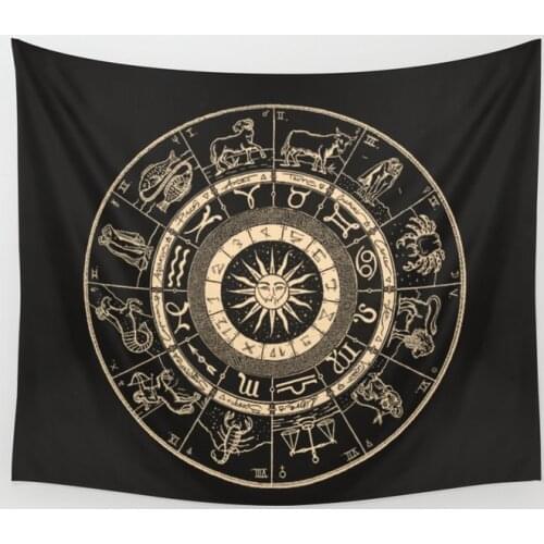 Vintage Zodiac Astrology Chart Charcoal Gold Tapestry Wall Covering Home Decoration Blanket Bedroom Wall Hanging Tapestries