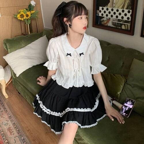 2 Piece Set Women 2021 Summer Sweet Cute Bow College Style Lace-Up Doll Collar White Shirt Lace Stitching Cake Skirt Two Pieces