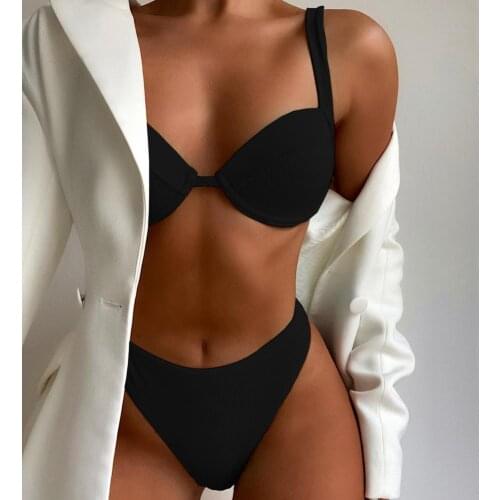 Ladies Fashion Underwire Bra Bikini Set Swimsuit Ladies Pure Color Bandage Push-up Triangle Swimsuit Swimsuit Bikini Swimsuit