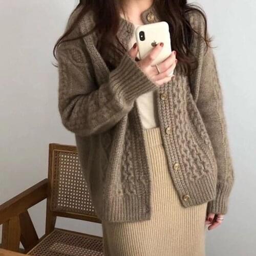 Autumu And Winter Women Thick Warm Sweater 100% Pure Wool O-neck Cardigan Long Sleeve Wild Knit Sweater Loose Jacket