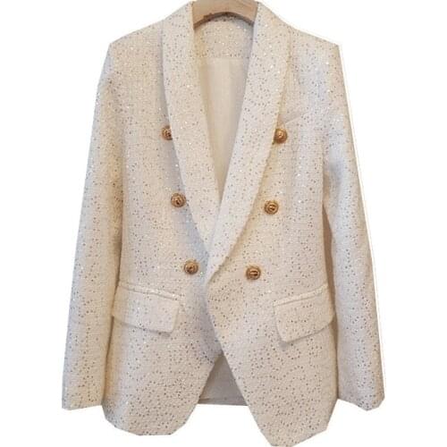 Chic Women Sequin Tweed Blazer Tops OL European Bling Sequined Jacket Long Sleeve Top Celibrity Party Show Outerwear Black White